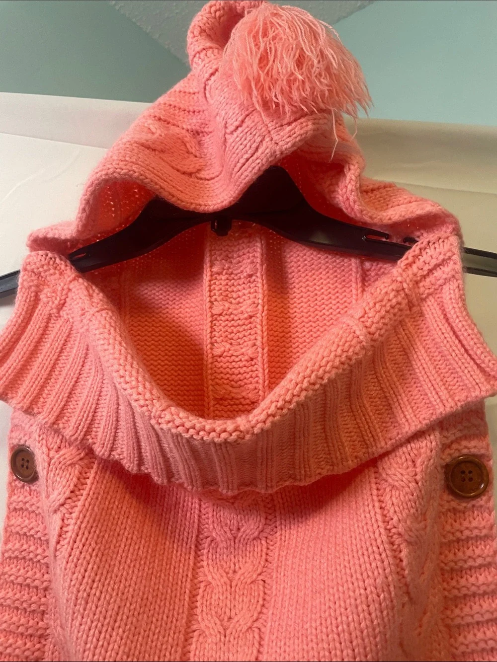 Girls' Coral Hooded Cable-Knit Poncho with Pom